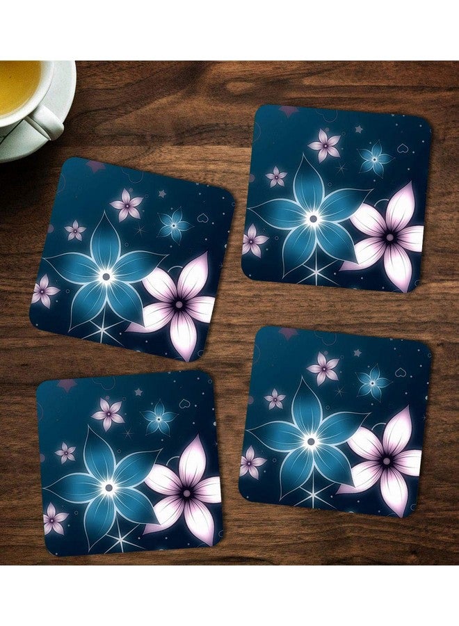 ASHVAH Flower Pattern Print/Typography Tea/Coffee Mug/Designer Handmade Wooden Coaster Set for Home Kitchen, Office Desk - Set of 4 - Square: 10cm - Image 1