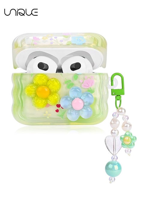 For Airpods 3rd Gen Cases - Curly Wave Frame Shape Headphone Case, Three-Dimensional Flower Headphone Case with Flower Keychain, Designed for Airpods 3rd Gen