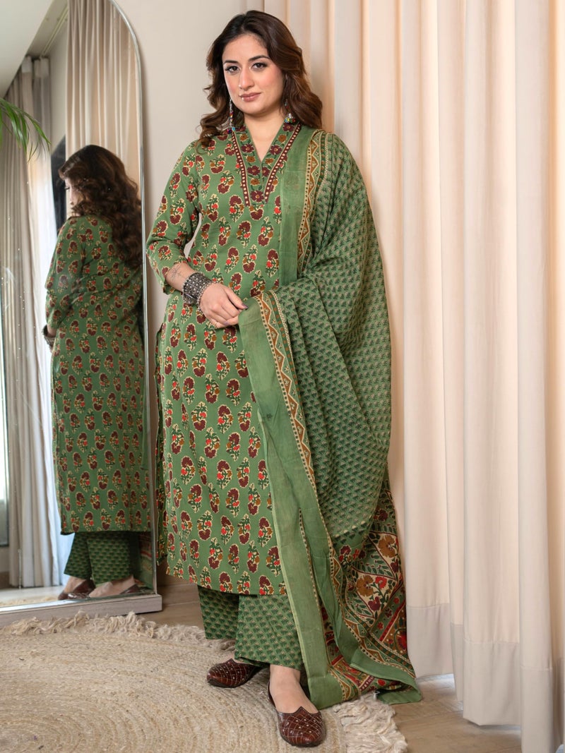 Arayna Women’s Cotton Printed Kurta Set with Pants & Dupatta – 3/4 Sleeve | Elegant Ethnic Wear, Green, 3X-Large - Image 2