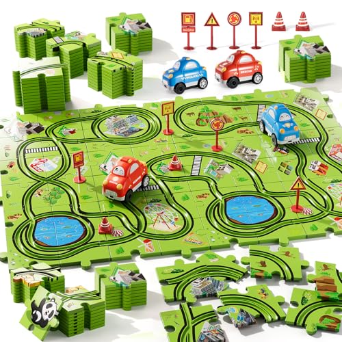 Bennol Toddler Toys Gifts for 2 3 4 5 Year Old Boys, 56 Jigsaw Puzzle Race Track Car Set for Kids Boys Toddlers 1-3 2-4 3-5 4-6, Puzzle Tracks Car Toys Gifts for 2 3 4 5 Year Old Boy Kid - Image 1