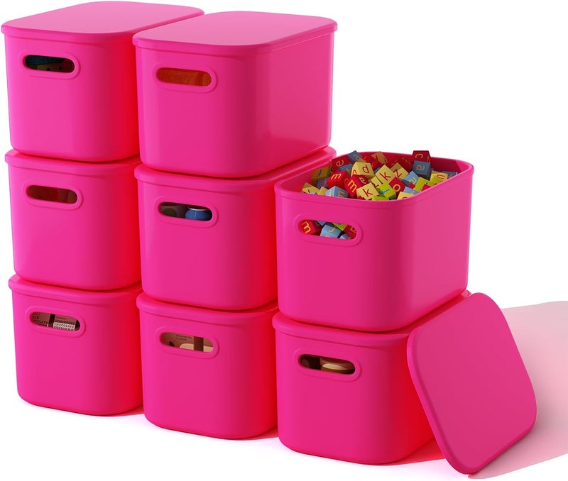 ORGIDOL 8 Pack Pink Storage Bins with Lids Stackable Storage Container for Organizing, Storage Boxes with Handle for Shelves, Cute Storage Bin for Craft, Snacks, 9.85x6.9x5.7 inch - Image 1