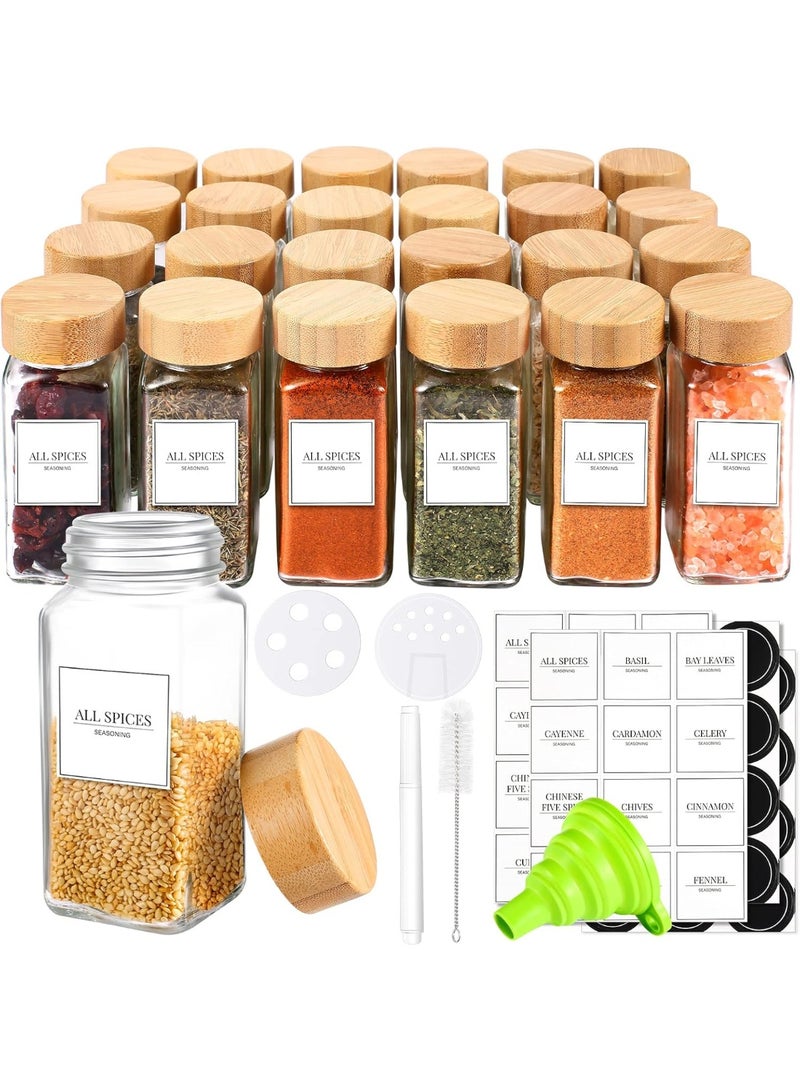 مجموعة كاملة لتنظيم التوابل مكونة من 24 برطمانًا - عبوات زجاجية سعة 120 مل مع أغطية من الخيزران وملصقات وقمع تعبئة - Image 1