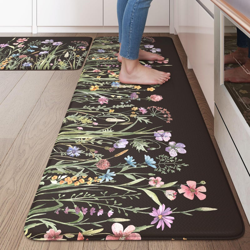 KIMODE Anti Fatigue Kitchen Mats for Floor 2 Piece, Cushioned Farmhouse Kitchen Rugs, Non Slip Kitchen Floor Mats, Comfort Foam Standing Desk Mats for Laundry Office Sink Black 20"x47"+20"x32" - Image 1