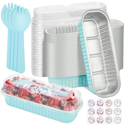 ylnurac 100Pack Mini Cake Pans Disposable Mini Loaf Pans with Lids and Spoons and Stickers 68Oz Aluminum Foil Pans Tins Individual Dessert Cups Containers for SalesPartyPicnics Sky Blue - Image 1