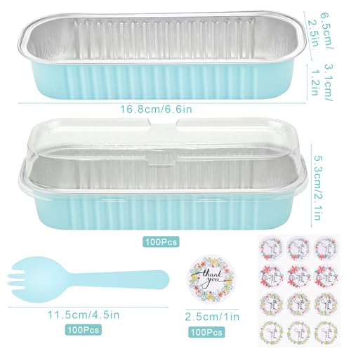 ylnurac 100Pack Mini Cake Pans Disposable Mini Loaf Pans with Lids and Spoons and Stickers 68Oz Aluminum Foil Pans Tins Individual Dessert Cups Containers for SalesPartyPicnics Sky Blue - Image 3
