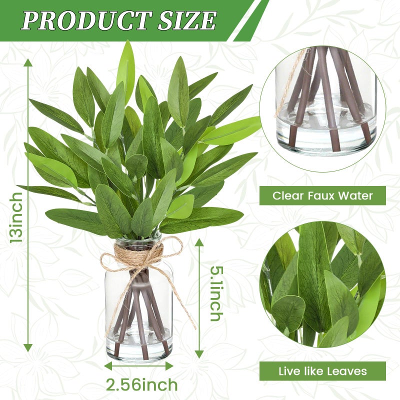 Piklado 13" Fake Eucalyptus Stems in Vase with Faux Water,Artificial Plants Leaves for Shelf Desk Bathroom Farmhouse Room Coffee Table Home Decor (Eucalyptus-Pointed Leaf) - Image 3