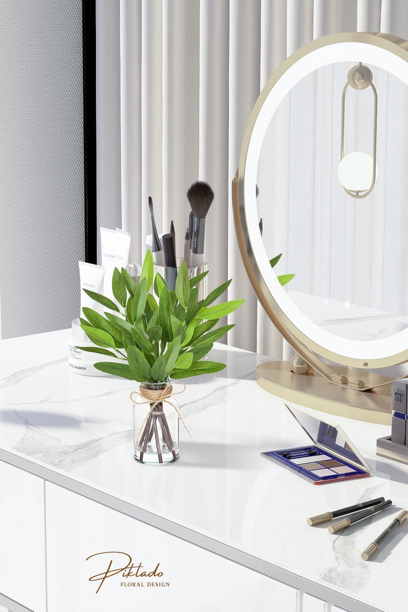 Piklado 13" Fake Eucalyptus Stems in Vase with Faux Water,Artificial Plants Leaves for Shelf Desk Bathroom Farmhouse Room Coffee Table Home Decor (Eucalyptus-Pointed Leaf) - Image 2