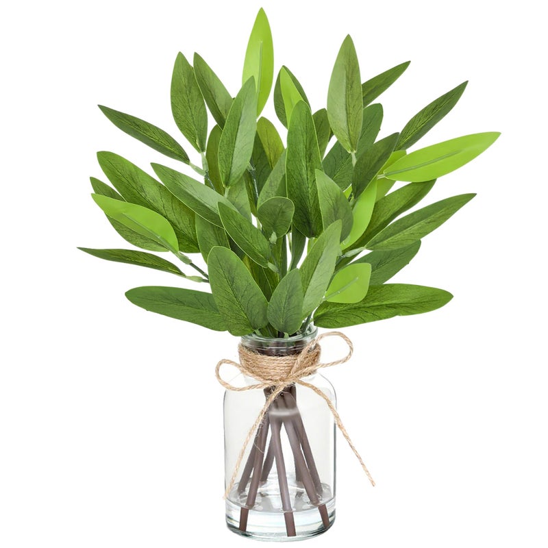 Piklado 13" Fake Eucalyptus Stems in Vase with Faux Water,Artificial Plants Leaves for Shelf Desk Bathroom Farmhouse Room Coffee Table Home Decor (Eucalyptus-Pointed Leaf) - Image 1