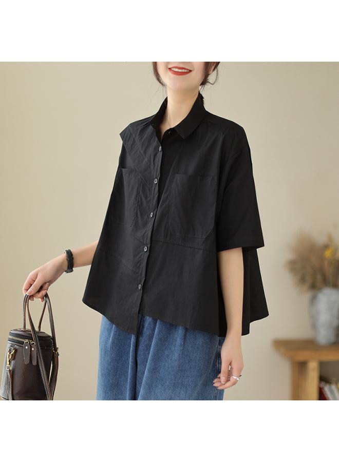 VUELO Real Shot Summer New Loose Slim Short Sleeve Casual Large Size Stitching Shirt Top #1665 - Image 1