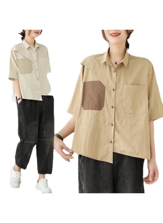 VUELO Real Shot Summer New Loose Slim Short Sleeve Casual Large Size Stitching Shirt Top #1665 - Image 5