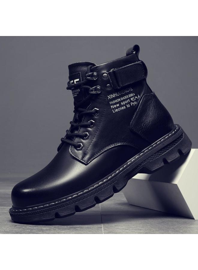 شك أحذية رجالية جديدة للخريف والشتاء على الطراز الكوري أحذية متوسطة الارتفاع أحذية مارتن أحذية جلدية رجالية غير رسمية مبطنة بالصوف سميكة - Image 2