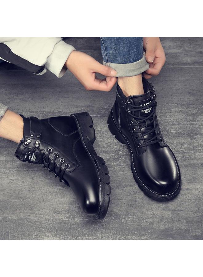 شك أحذية رجالية جديدة للخريف والشتاء على الطراز الكوري أحذية متوسطة الارتفاع أحذية مارتن أحذية جلدية رجالية غير رسمية مبطنة بالصوف سميكة - Image 4