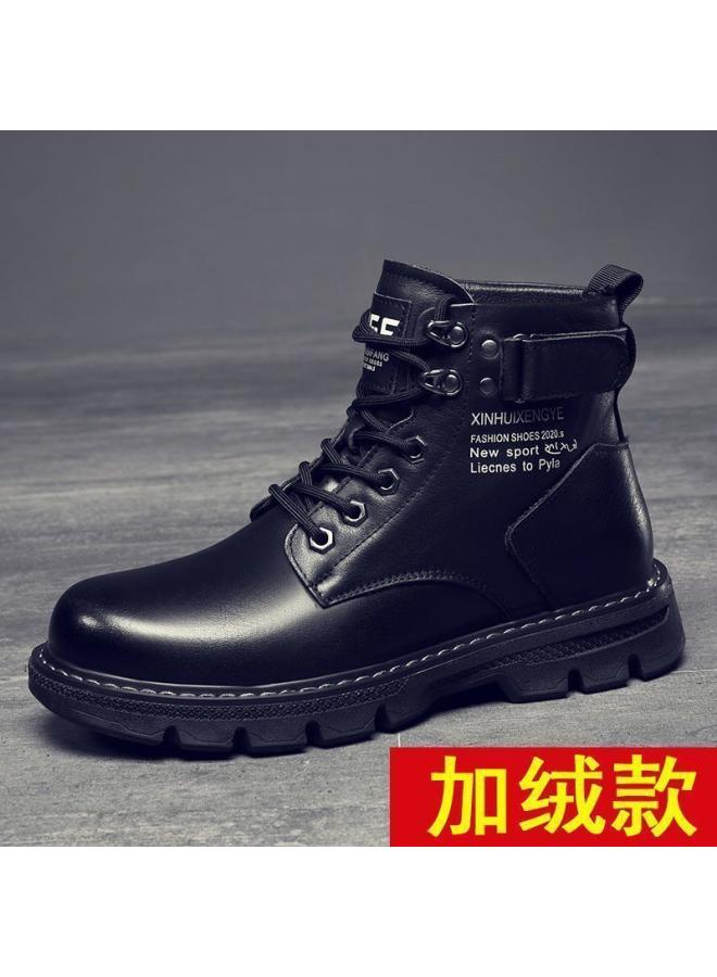 شك أحذية رجالية جديدة للخريف والشتاء على الطراز الكوري أحذية متوسطة الارتفاع أحذية مارتن أحذية جلدية رجالية غير رسمية مبطنة بالصوف سميكة - Image 3