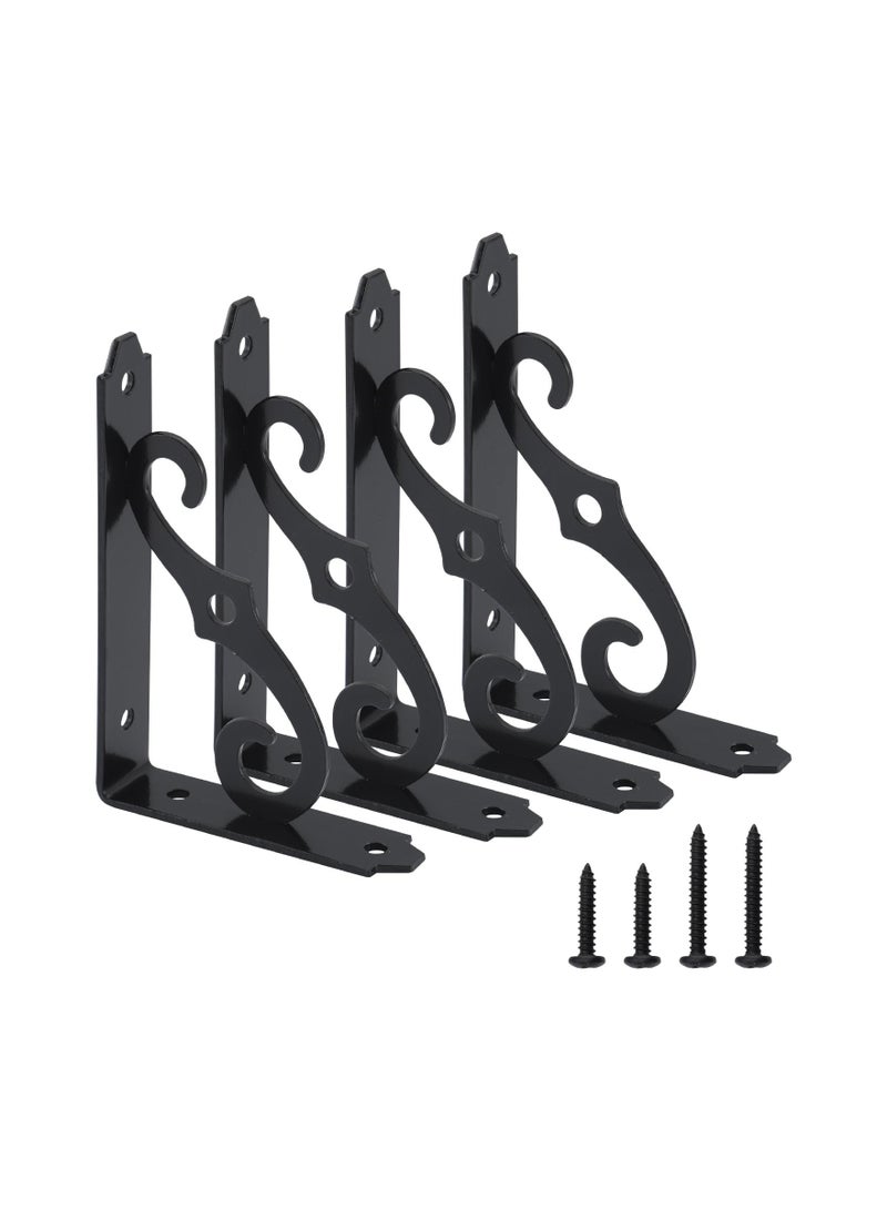 4 Pcs Decorative Shelf Brackets 127x89mm Wall Mounted Floating Shelf Bracket L Heavy Duty Support Corner Brace Joint Right Angle Bracket for DIY Open Shelving with Screws (Black) - Image 1
