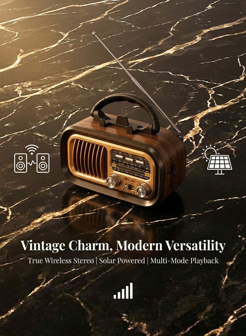Portable Retro Vintage Bluetooth Radio, AM FM SW Shortwave Transistor Radio with Best Sound & Excellent Reception, Rechargeable via USB/Solar, TF Card USB MP3 Music Player - Image 4