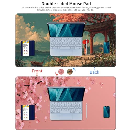 AQQA Pink Japanese Desk Mat with Stitched Edges315 x 157 Large DualSided Cherry Blossom Mousepad for WomenMouse Pad Protector with Waterproof for Laptop Office Accessories - Image 3