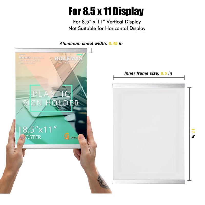 Golemas Acrylic Magnetic Sign Holder, Easy-Opening 8.5 x 11 Wall Mount Display Frames, Self Adhesive Back Plastic Clear Document Holder, Silver Aluminium Strips Frame (8.5 x 11, 12Pack) - Image 2