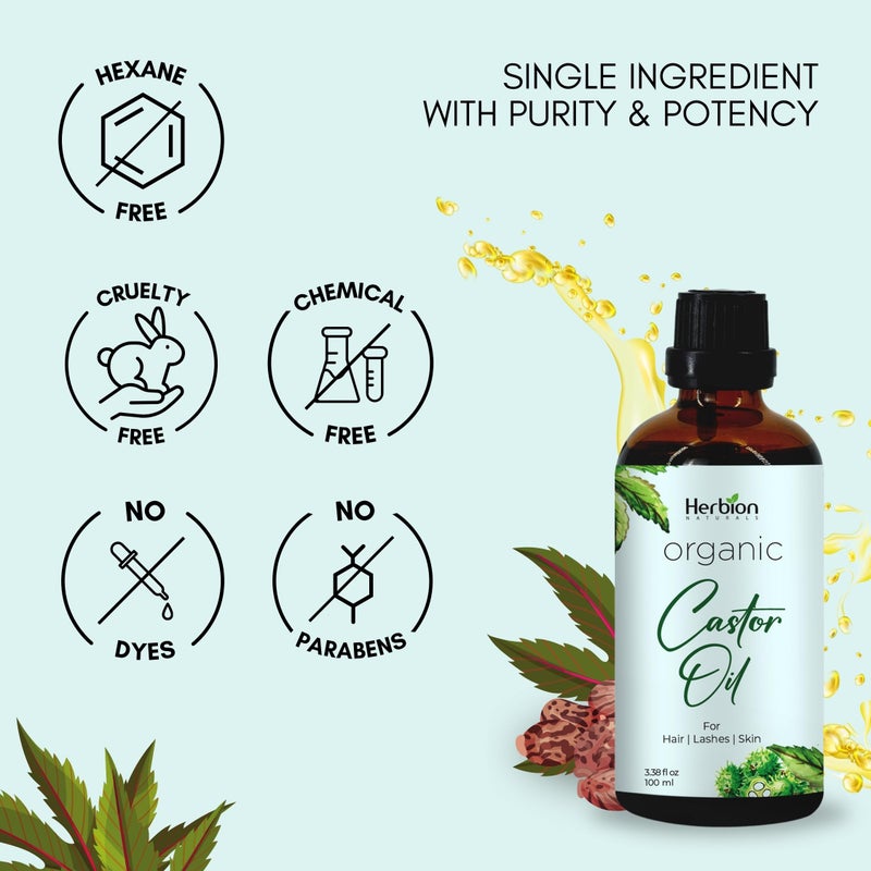 HERBION Naturals Organic Castor Oil USDA Certified, 100% Pure, Cold Pressed, Hexane-Free. Moisturizer & Hair Treatment. Glass Bottle w/Dropper, 3.38 Fl Oz - Image 3