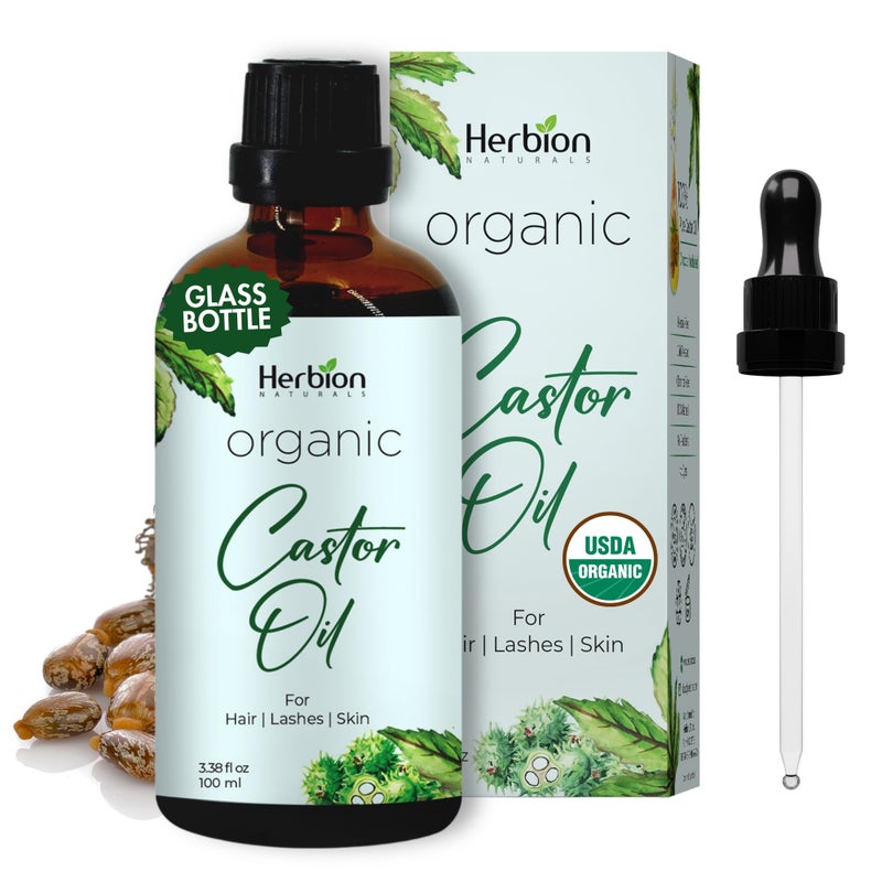 HERBION Naturals Organic Castor Oil USDA Certified, 100% Pure, Cold Pressed, Hexane-Free. Moisturizer & Hair Treatment. Glass Bottle w/Dropper, 3.38 Fl Oz - Image 1