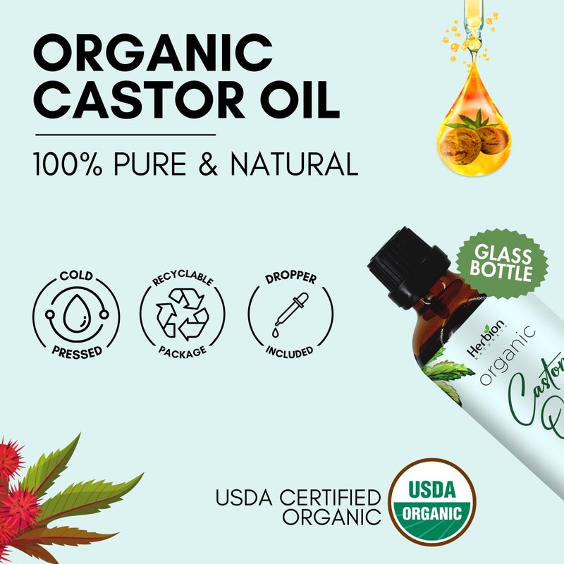 HERBION Naturals Organic Castor Oil USDA Certified, 100% Pure, Cold Pressed, Hexane-Free. Moisturizer & Hair Treatment. Glass Bottle w/Dropper, 3.38 Fl Oz - Image 2