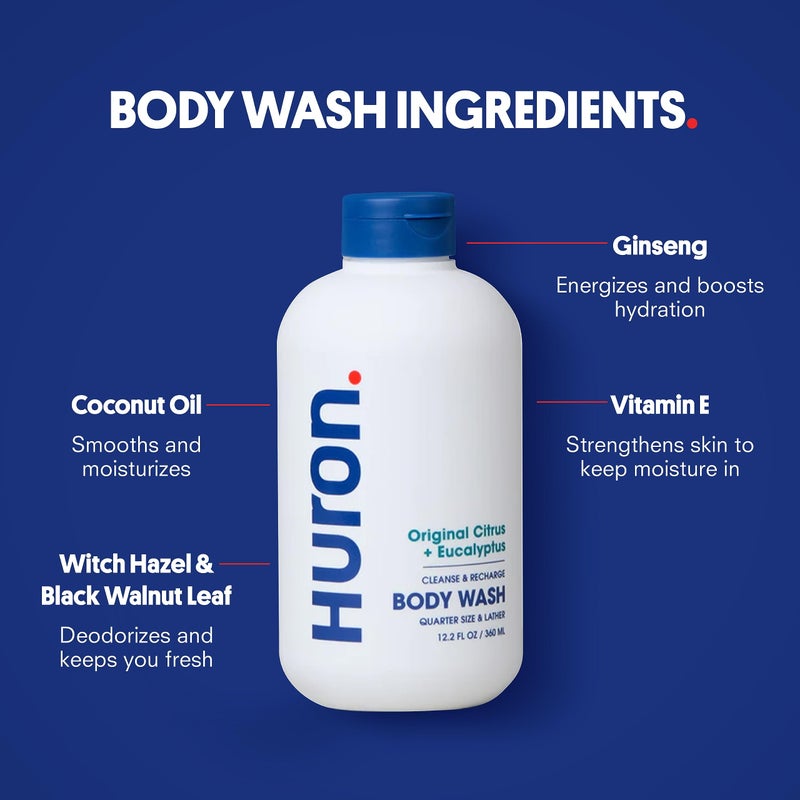 Huron Shower Kit - Shampoo, Conditioner, & Body Wash For Men - Citrus + Eucalyptus Scent - Hydrating & Nourishing Men's Shampoo & Conditioner - Image 5