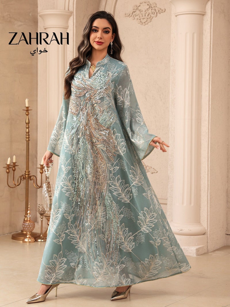 زهرة أنيق شبكة مطرزة Abaya فستان للنساء، حبات بائكة فينيكس نمط، الأكمام الطويلة ماكسي فستان، كافتان متواضع للرمضان، الحفلة والزفاف - Image 2
