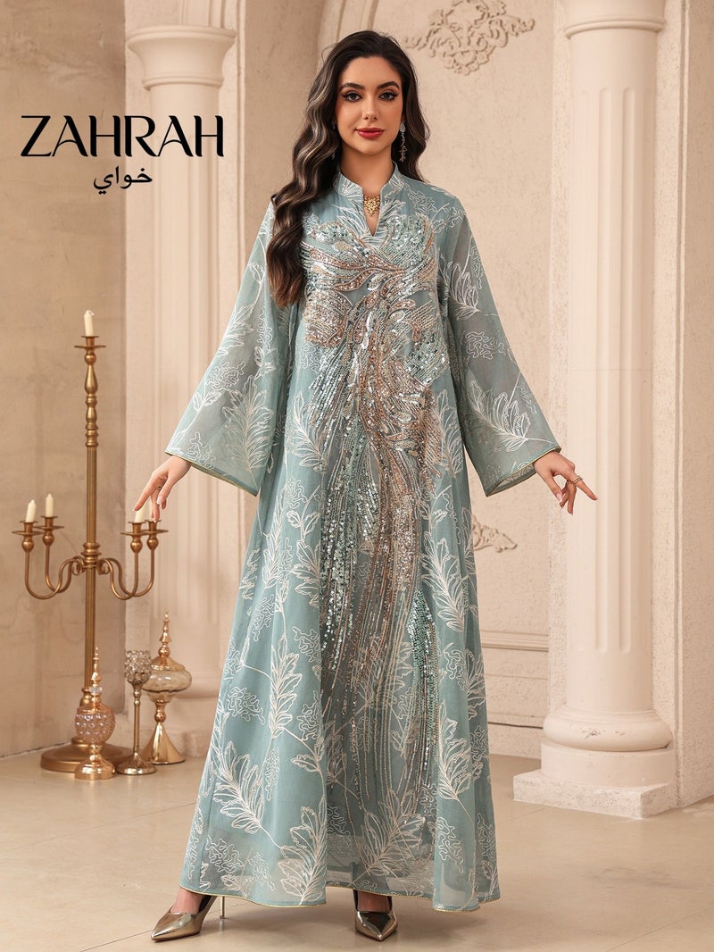 زهرة أنيق شبكة مطرزة Abaya فستان للنساء، حبات بائكة فينيكس نمط، الأكمام الطويلة ماكسي فستان، كافتان متواضع للرمضان، الحفلة والزفاف - Image 1