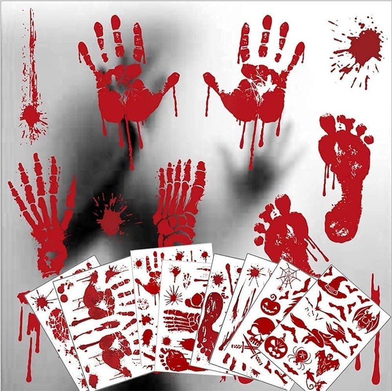 KOSIMI 8 Sheet Halloween Decorations Window Decals Wall Stickers, 95 Pcs Bloody Footprint Floor Clings, Horror Handprint Home Horror PVC Stickers Zombie Party Decorations Supplies - Image 1