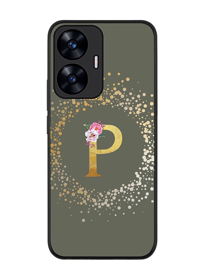 Stylizedd Rugged Black edge case for Realme C55 4G Slim fit Soft Case Flexible Rubber Edges Anti Drop TPU Cover -  Custom Monogram Initial Letter Floral Pattern Alphabet - P  (Olive Green ) - Image 1
