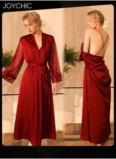 New Style Autumn and Winter Nightgown Extended Satin Pajamas Sleep Robe+Suspender Dress Cuff Dot Mech Design V-neck Sleepwear with Adjustable Belt for Women Wine Red