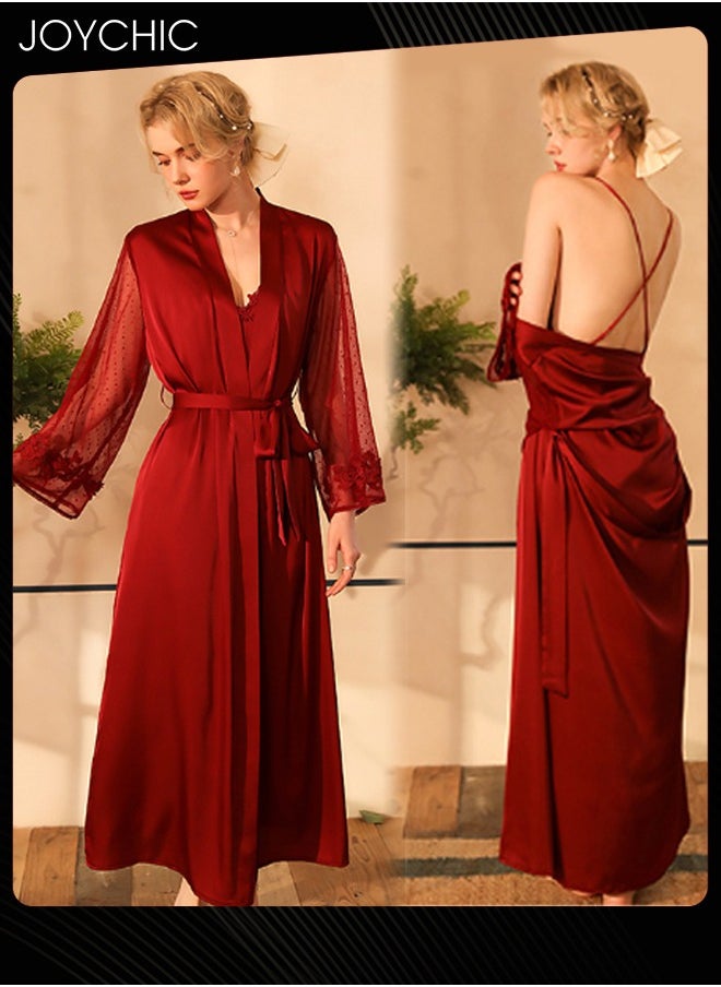 Joychic - New Style Autumn and Winter Nightgown Extended Satin Pajamas Sleep Robe+Suspender Dress Cuff Dot Mech Design V-neck Sleepwear with Adjustable Belt for Women Wine Red - Image 1
