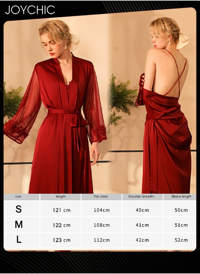 Joychic - New Style Autumn and Winter Nightgown Extended Satin Pajamas Sleep Robe+Suspender Dress Cuff Dot Mech Design V-neck Sleepwear with Adjustable Belt for Women Wine Red - Image 1