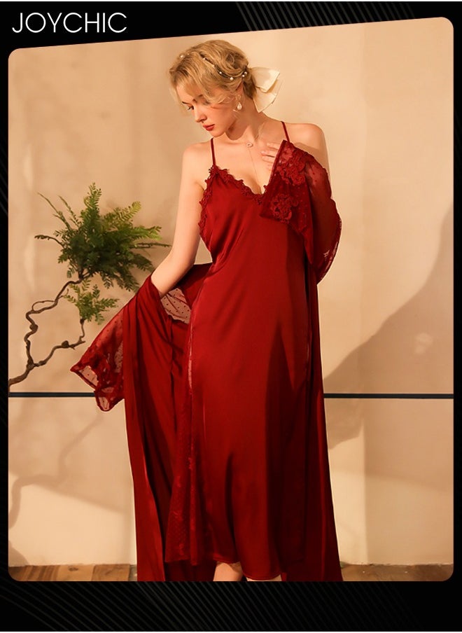 Joychic - New Style Autumn and Winter Nightgown Extended Satin Pajamas Sleep Robe+Suspender Dress Cuff Dot Mech Design V-neck Sleepwear with Adjustable Belt for Women Wine Red - Image 1