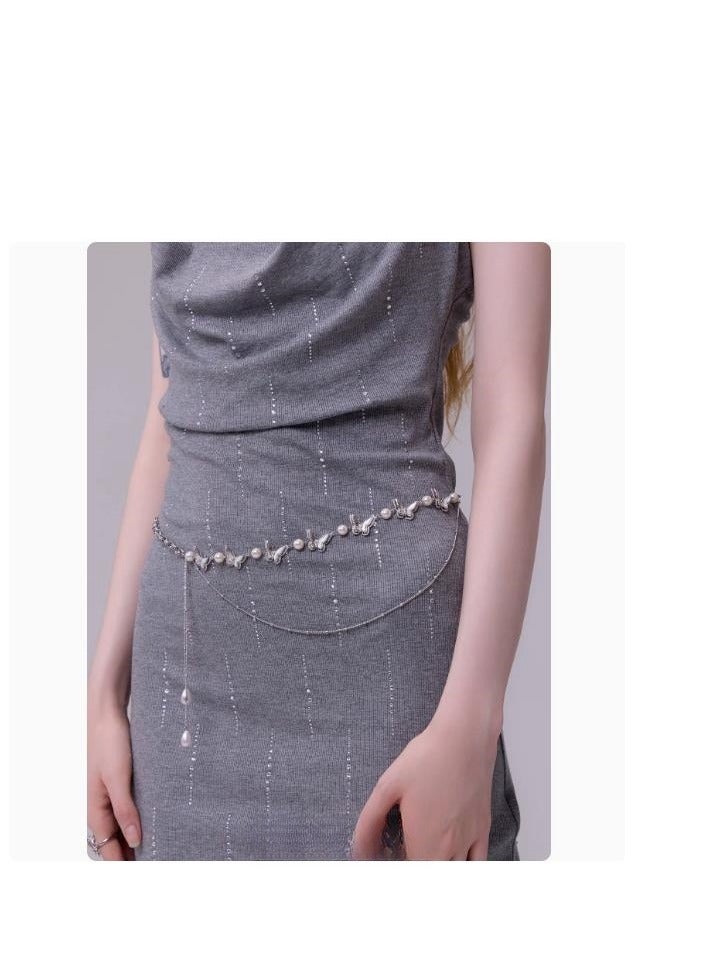 Adjustable Pearl Butterfly Multi layer Design Versatile Waist Chain Strip Dress Accessories  - Image 3