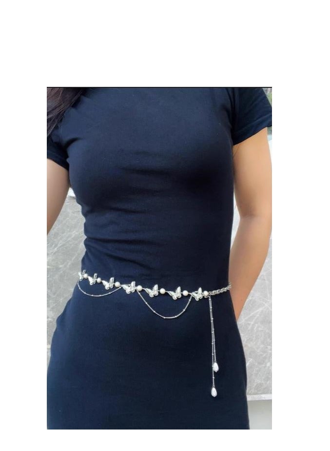 Adjustable Pearl Butterfly Multi layer Design Versatile Waist Chain Strip Dress Accessories  - Image 2