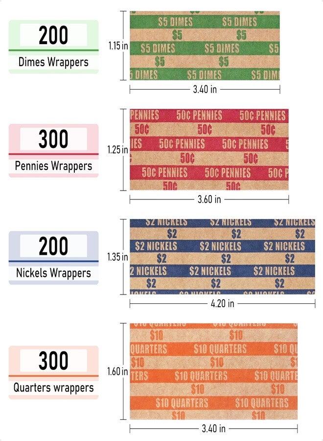 L LIKED 1000 Assorted Flat Striped Coin Wrappers - Pennies, Nickels, Dimes, Quarters (1000 Assorted) - Image 3