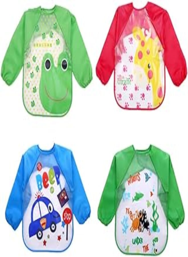 4 Pcs Bibs with Sleeves, Baby Feeding Bibs, Waterproof Long Sleeved Bib, Plastic Washable Weaning Bibs, Cute Pattern Design, for Toddlers Baby Boys and Girls 6 Months to 36 Months