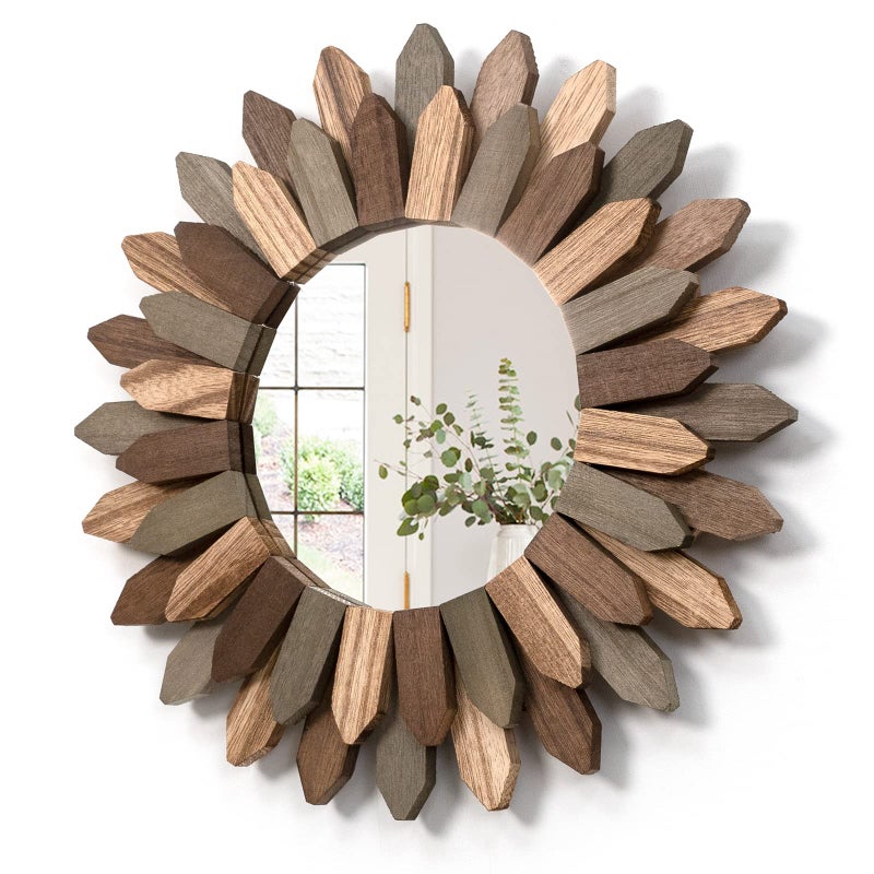 Honiway Boho Wall Decor 12 inch Decorative Mirror with Rustic Wood Sunburst Frame, Perfect for Bedroom, Living Room, Bathroom, Kitchen - Image 1