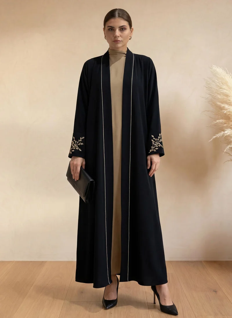 أم سكوير فاشن Black Abaya | Gold Embroidery I Chiffon Hijab