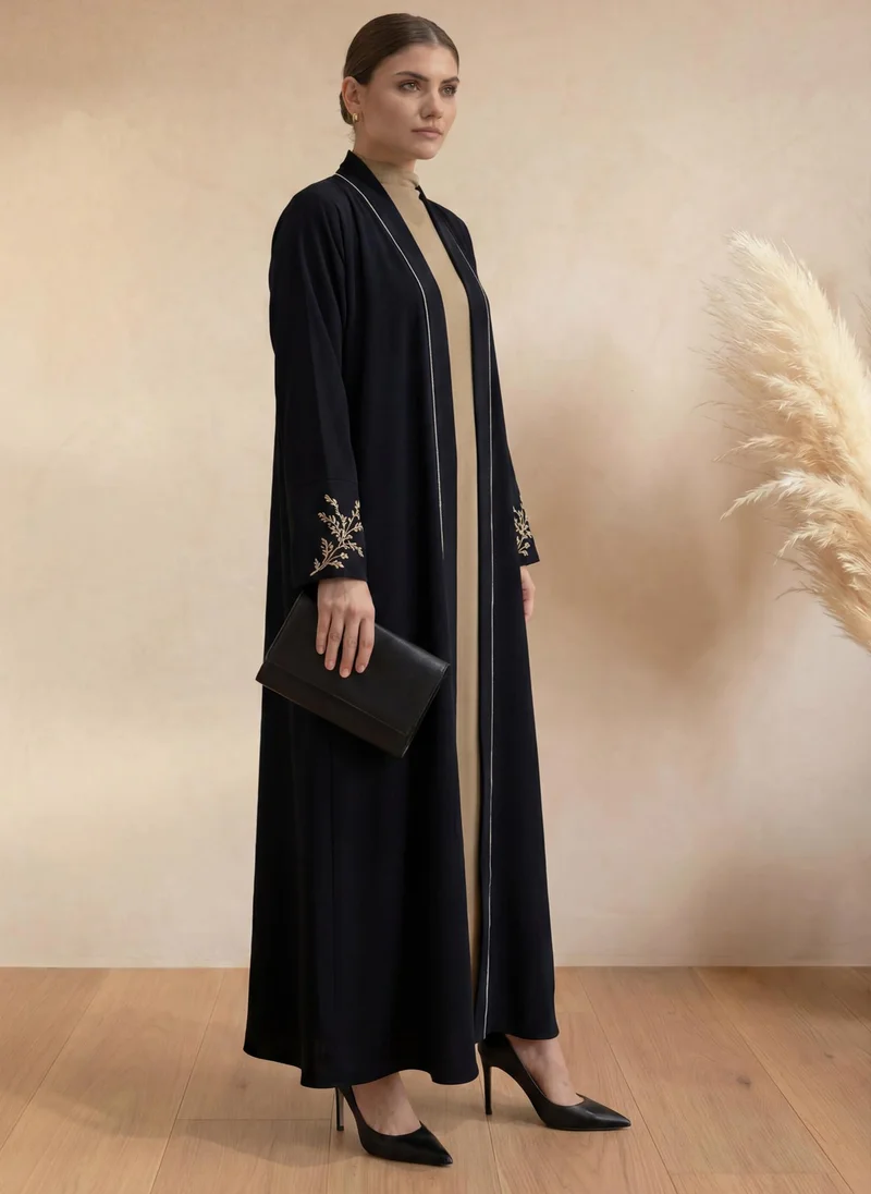 أم سكوير فاشن Black Abaya | Gold Embroidery I Chiffon Hijab
