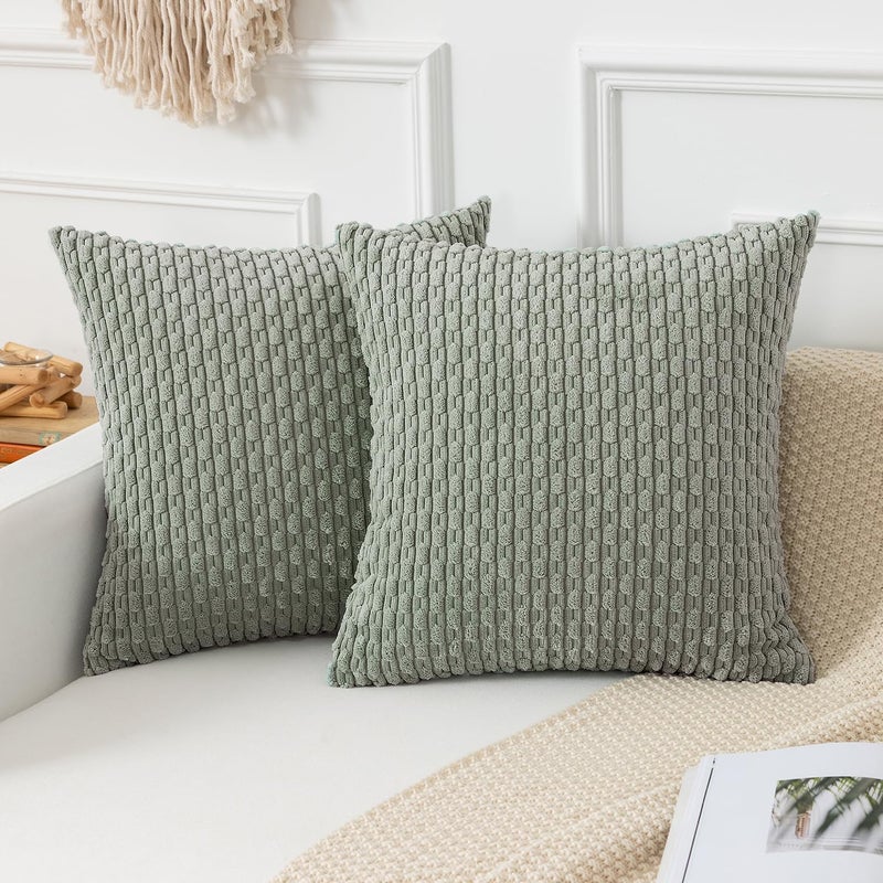 K KEVIN TEXTILE Kevin Textile Throw Pillow Covers Soft Corduroy Decorative Set of 2 Boho Striped Pillow Covers Pillowcases Farmhouse Home Decor for Couch Bed Sofa Living Room 18x18 Inch Greyish Green  - Image 1