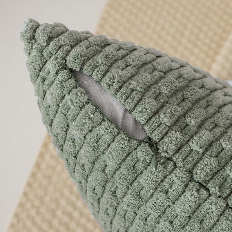 K KEVIN TEXTILE Kevin Textile Throw Pillow Covers Soft Corduroy Decorative Set of 2 Boho Striped Pillow Covers Pillowcases Farmhouse Home Decor for Couch Bed Sofa Living Room 18x18 Inch Greyish Green  - Image 3