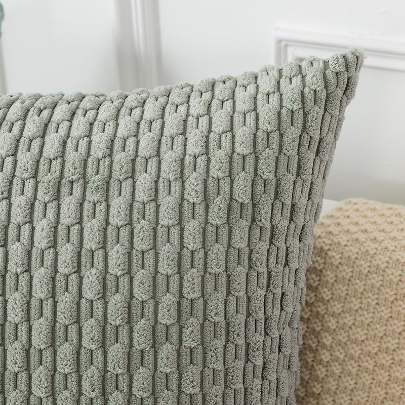 K KEVIN TEXTILE Kevin Textile Throw Pillow Covers Soft Corduroy Decorative Set of 2 Boho Striped Pillow Covers Pillowcases Farmhouse Home Decor for Couch Bed Sofa Living Room 18x18 Inch Greyish Green  - Image 2
