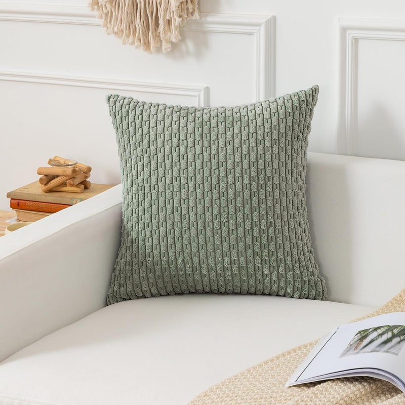 K KEVIN TEXTILE Kevin Textile Throw Pillow Covers Soft Corduroy Decorative Set of 2 Boho Striped Pillow Covers Pillowcases Farmhouse Home Decor for Couch Bed Sofa Living Room 18x18 Inch Greyish Green  - Image 4