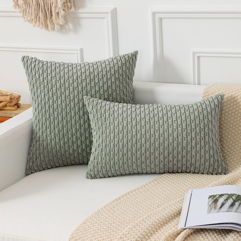 K KEVIN TEXTILE Kevin Textile Throw Pillow Covers Soft Corduroy Decorative Set of 2 Boho Striped Pillow Covers Pillowcases Farmhouse Home Decor for Couch Bed Sofa Living Room 18x18 Inch Greyish Green  - Image 5