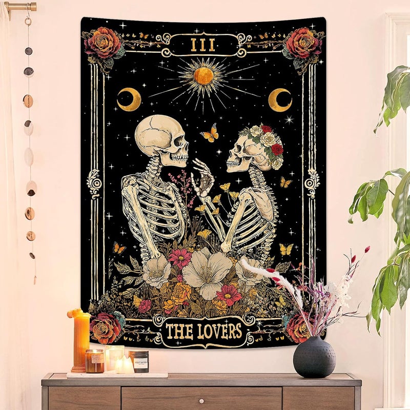 Kanuyee The Lovers Skeleton Tapestry for Bedroom Wall Hanging Moon and Floral Design Tapestries for Living Room Decor 44 x 60 Inch Black and Gold - Image 1