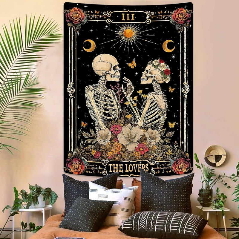 Kanuyee The Lovers Skeleton Tapestry for Bedroom Wall Hanging Moon and Floral Design Tapestries for Living Room Decor 44 x 60 Inch Black and Gold - Image 4