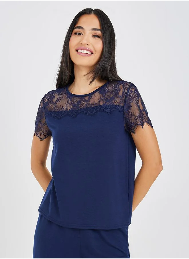 ستايلي Eyelash Lace Trim T-Shirt & Pyjama Set