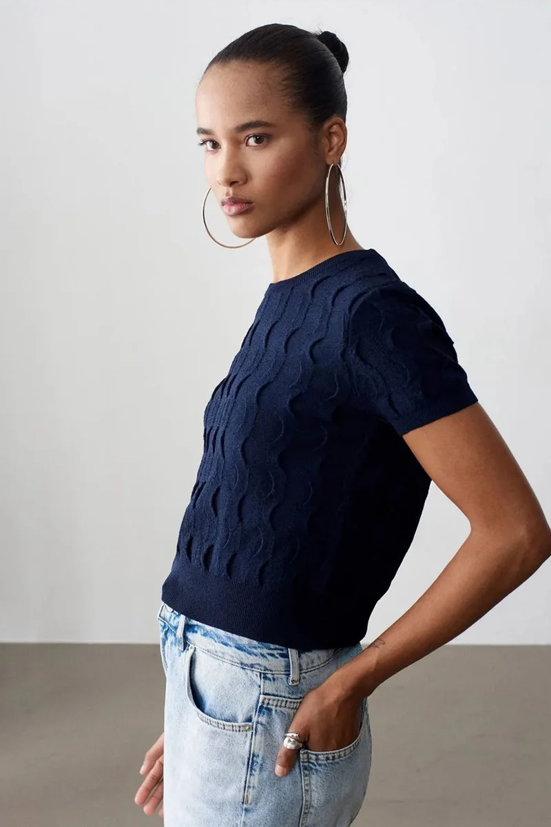 Dilvin Navy Blue DILVIN Textured Ribbed Crop Blouse for Women | Best Price UAE