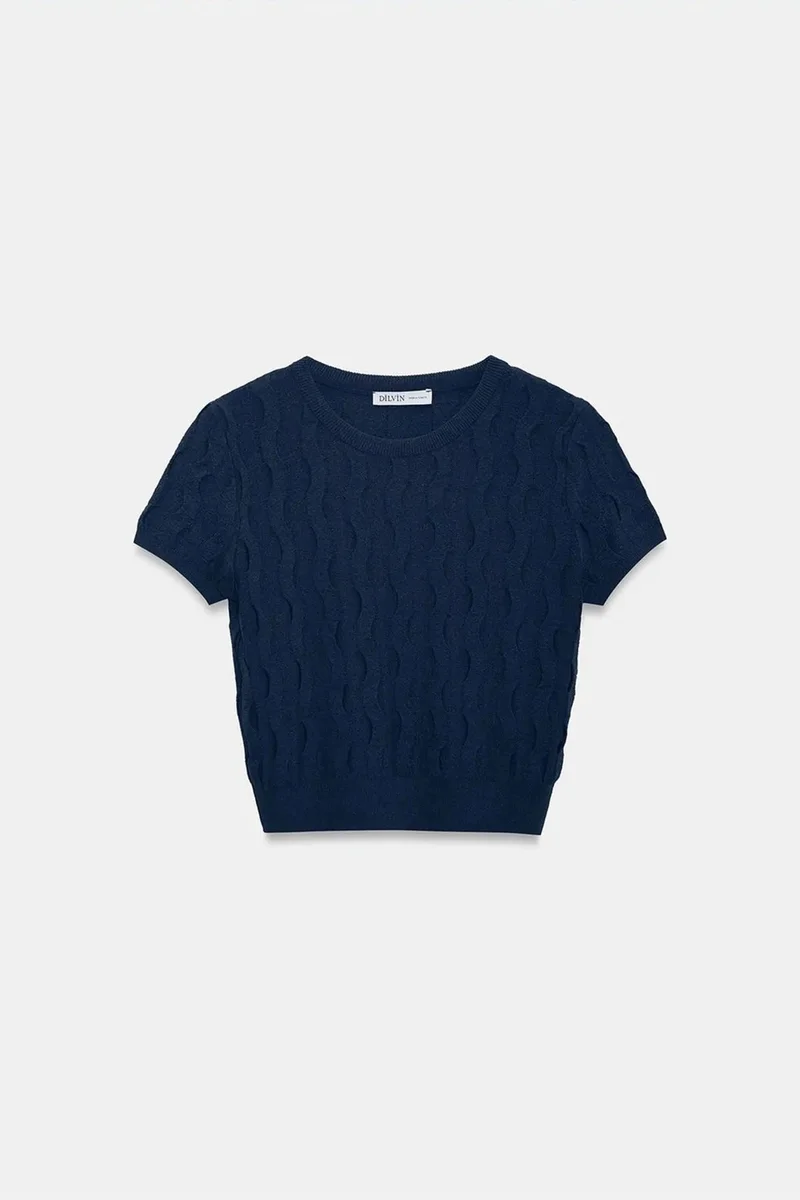 Dilvin Navy Blue DILVIN Textured Ribbed Crop Blouse for Women | Best Price UAE